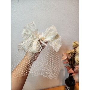 Ivory Lace Bow Veil Hair Clip‎ Fascinator Vintage Bridal Birdcage Headpiece